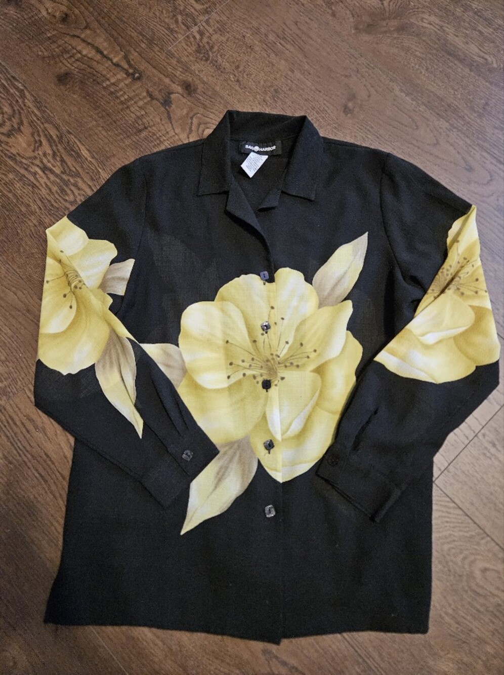 Sag Harbor Black Button-Down Shirt with Yellow Floral Print